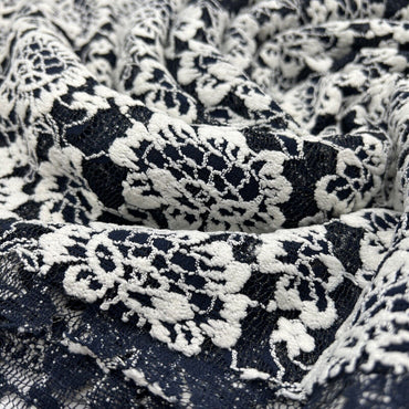 Navy Ivory Floral Textured Lace Fabric Stretch - T9 Fabrics