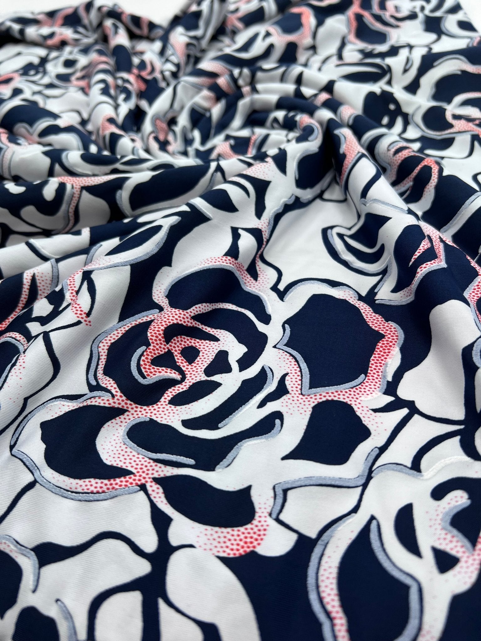 Navy Red Rose On White Print Soft Touch 4 Way Stretch Fabric - T9 Fabrics