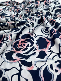 Navy Red Rose On White Print Soft Touch 4 Way Stretch Fabric - T9 Fabrics