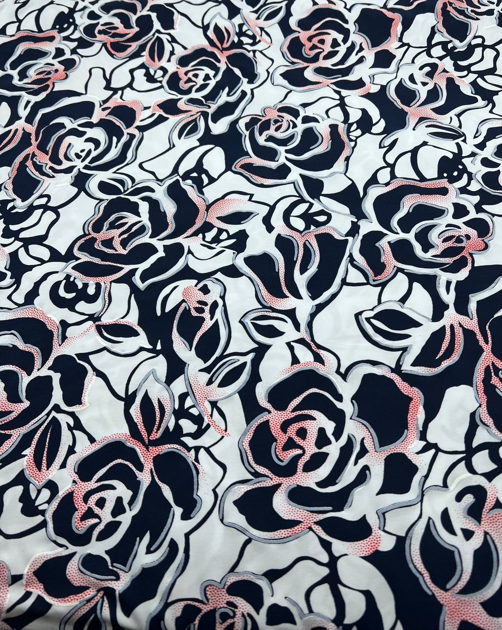 Navy Red Rose On White Print Soft Touch 4 Way Stretch Fabric - T9 Fabrics