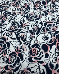 Navy Red Rose On White Print Soft Touch 4 Way Stretch Fabric - T9 Fabrics