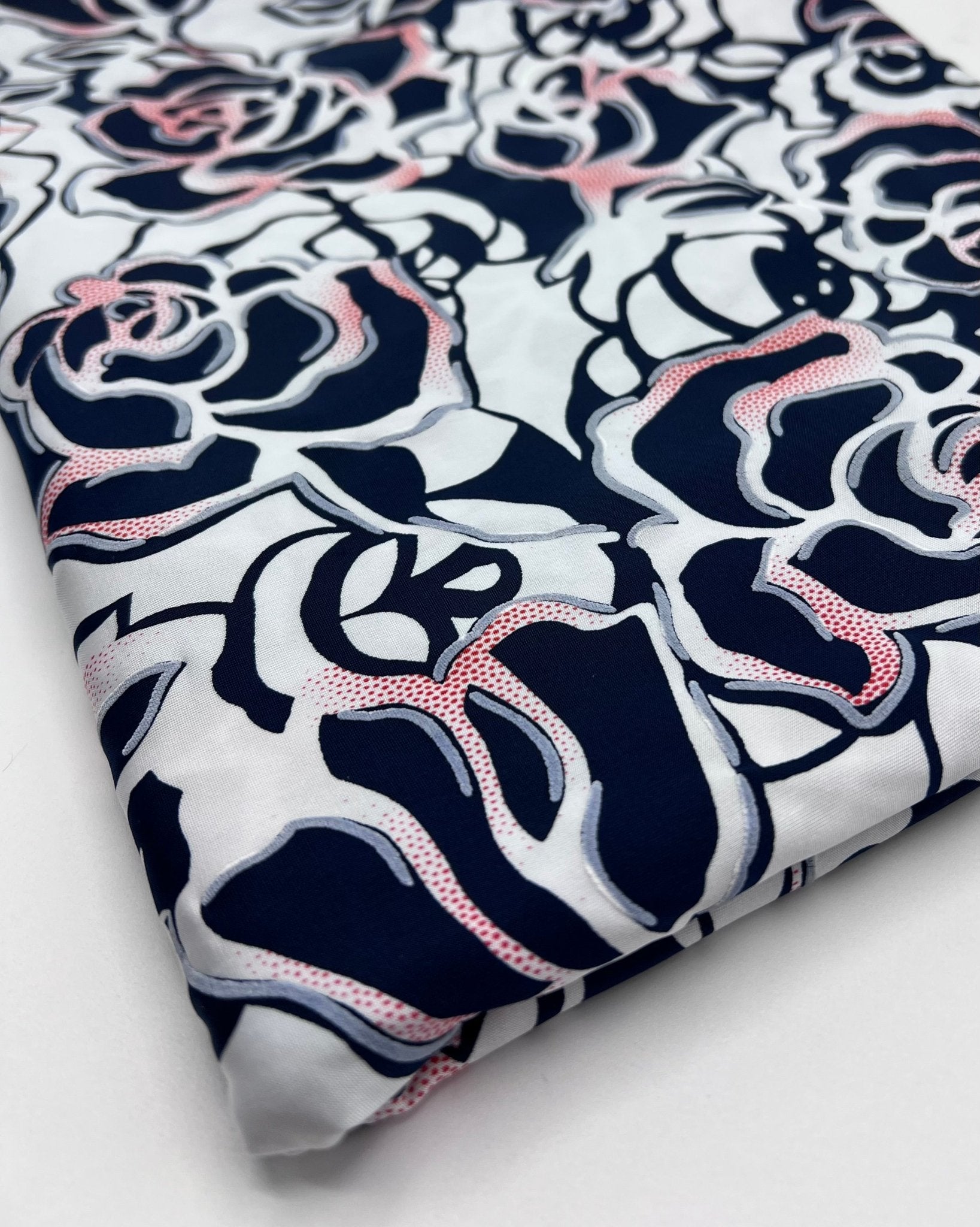 Navy Red Rose On White Print Soft Touch 4 Way Stretch Fabric - T9 Fabrics