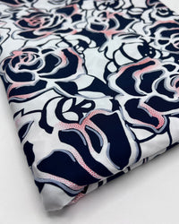 Navy Red Rose On White Print Soft Touch 4 Way Stretch Fabric - T9 Fabrics