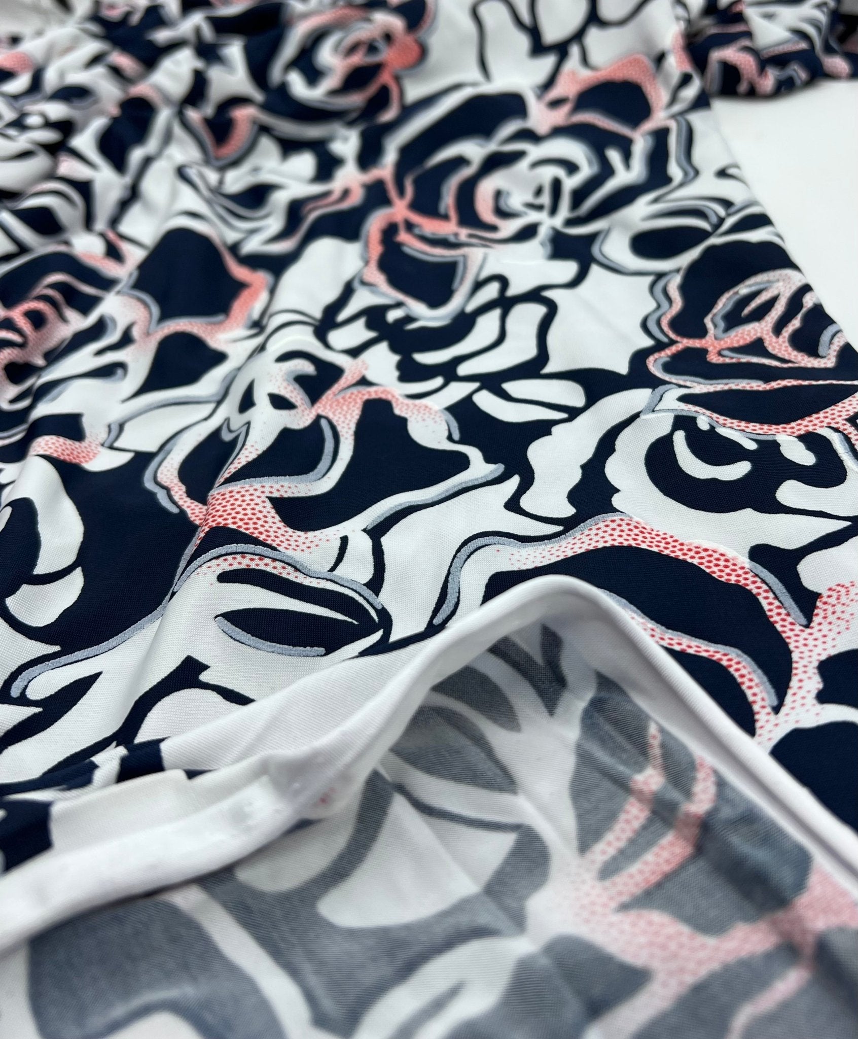 Navy Red Rose On White Print Soft Touch 4 Way Stretch Fabric - T9 Fabrics