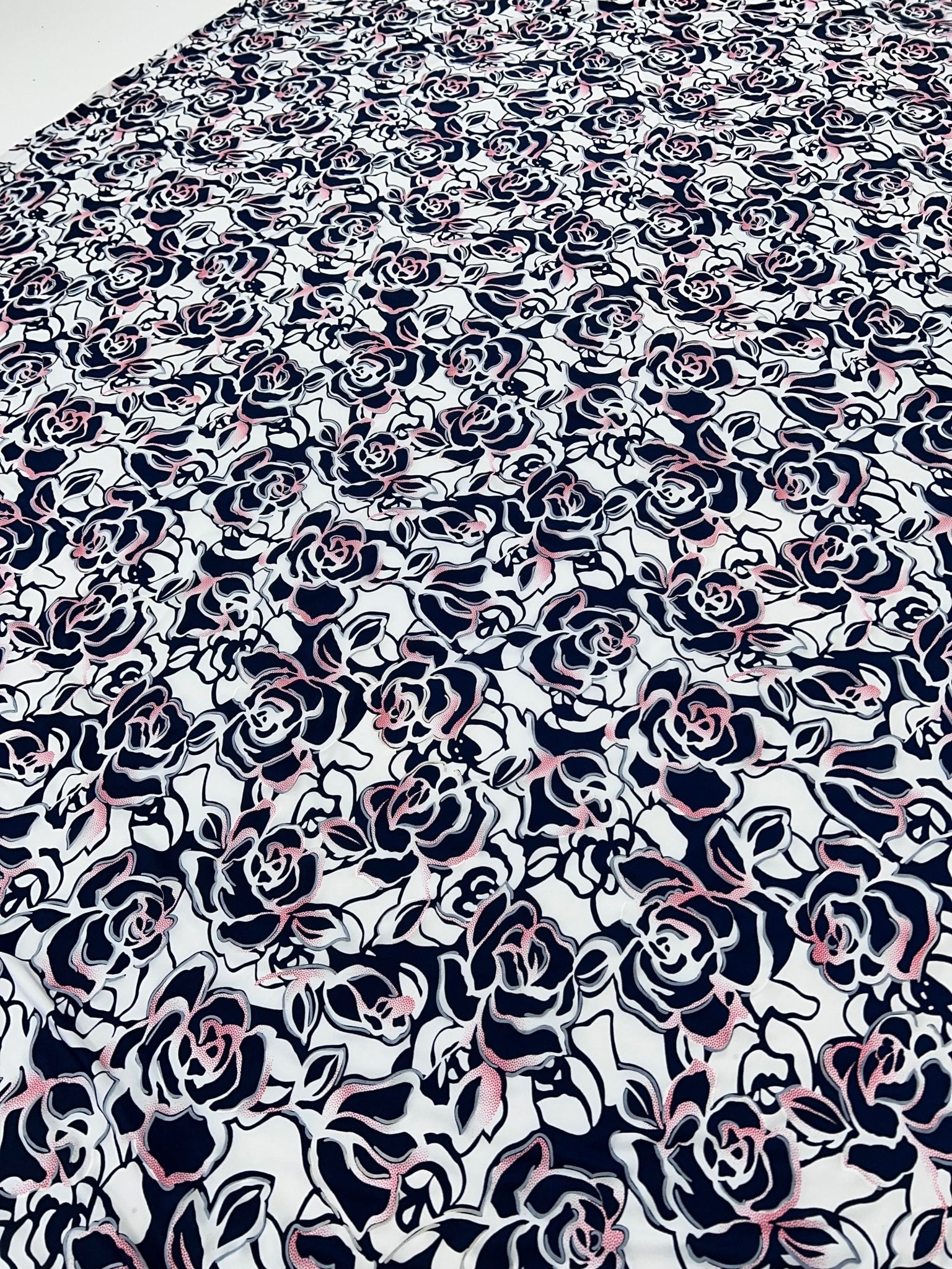 Navy Red Rose On White Print Soft Touch 4 Way Stretch Fabric - T9 Fabrics