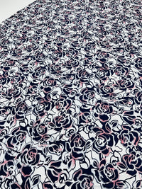 Navy Red Rose On White Print Soft Touch 4 Way Stretch Fabric - T9 Fabrics