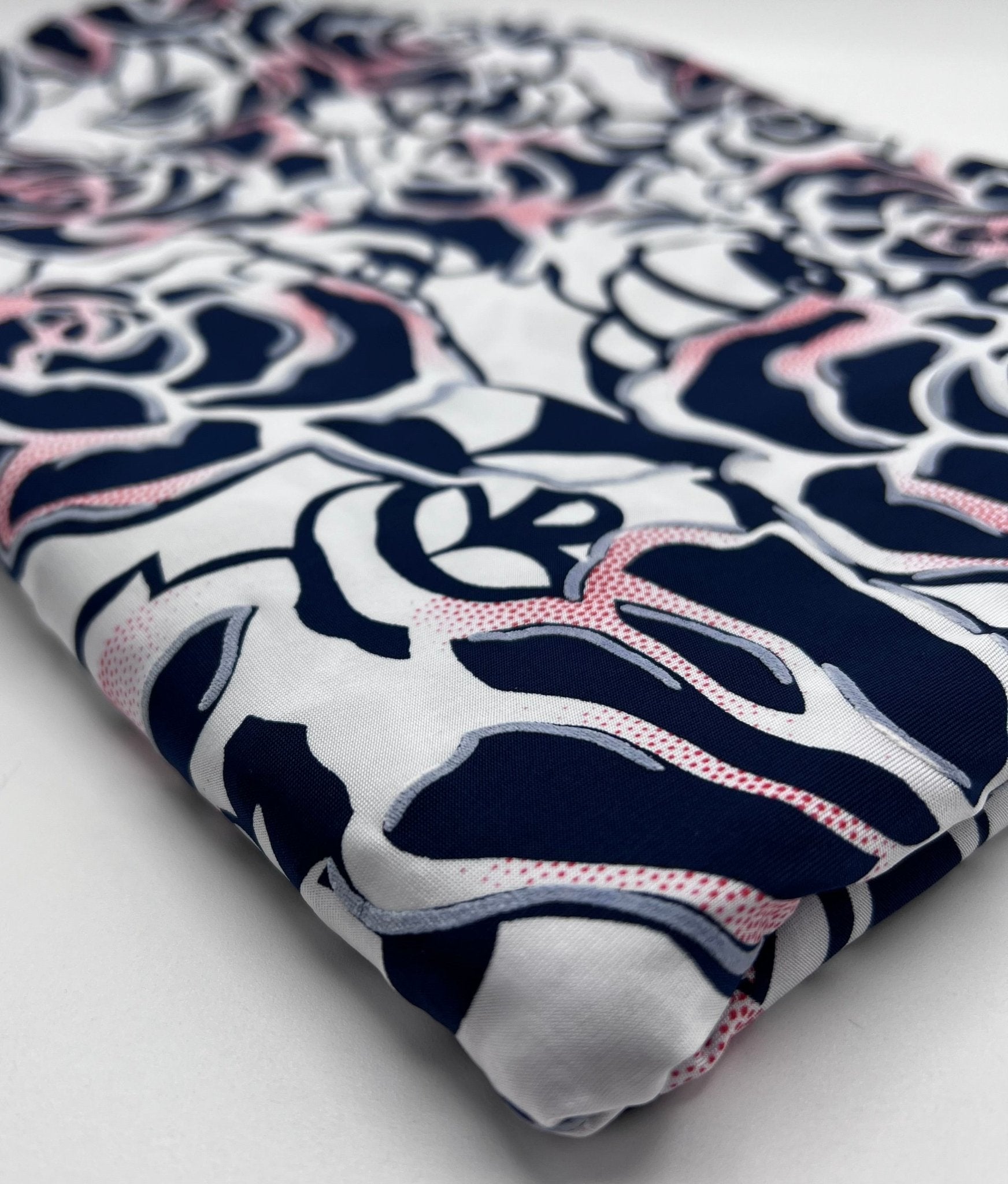 Navy Red Rose On White Print Soft Touch 4 Way Stretch Fabric - T9 Fabrics