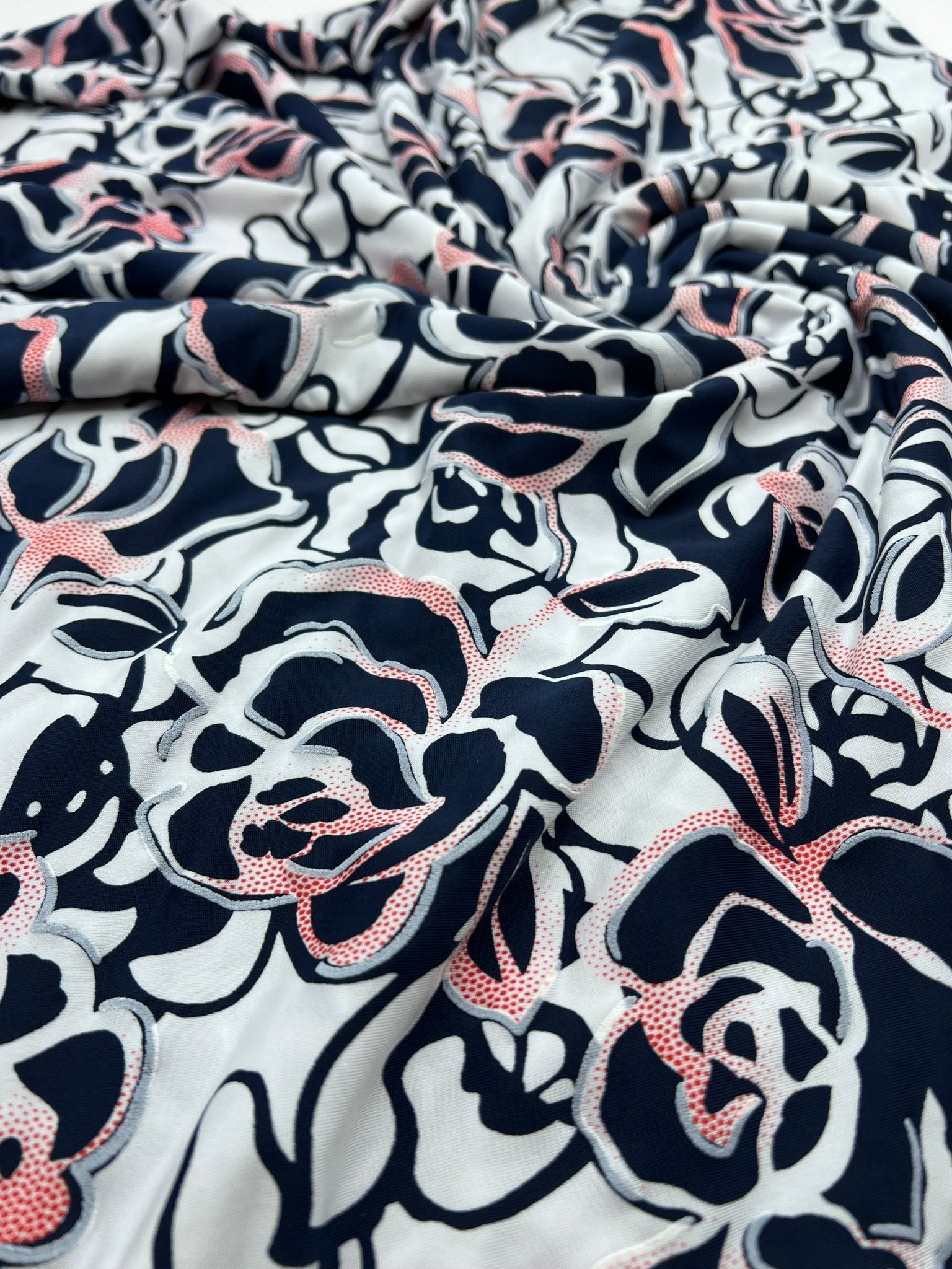 Navy Red Rose On White Print Soft Touch 4 Way Stretch Fabric - T9 Fabrics