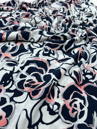 Navy Red Rose On White Print Soft Touch 4 Way Stretch Fabric - T9 Fabrics