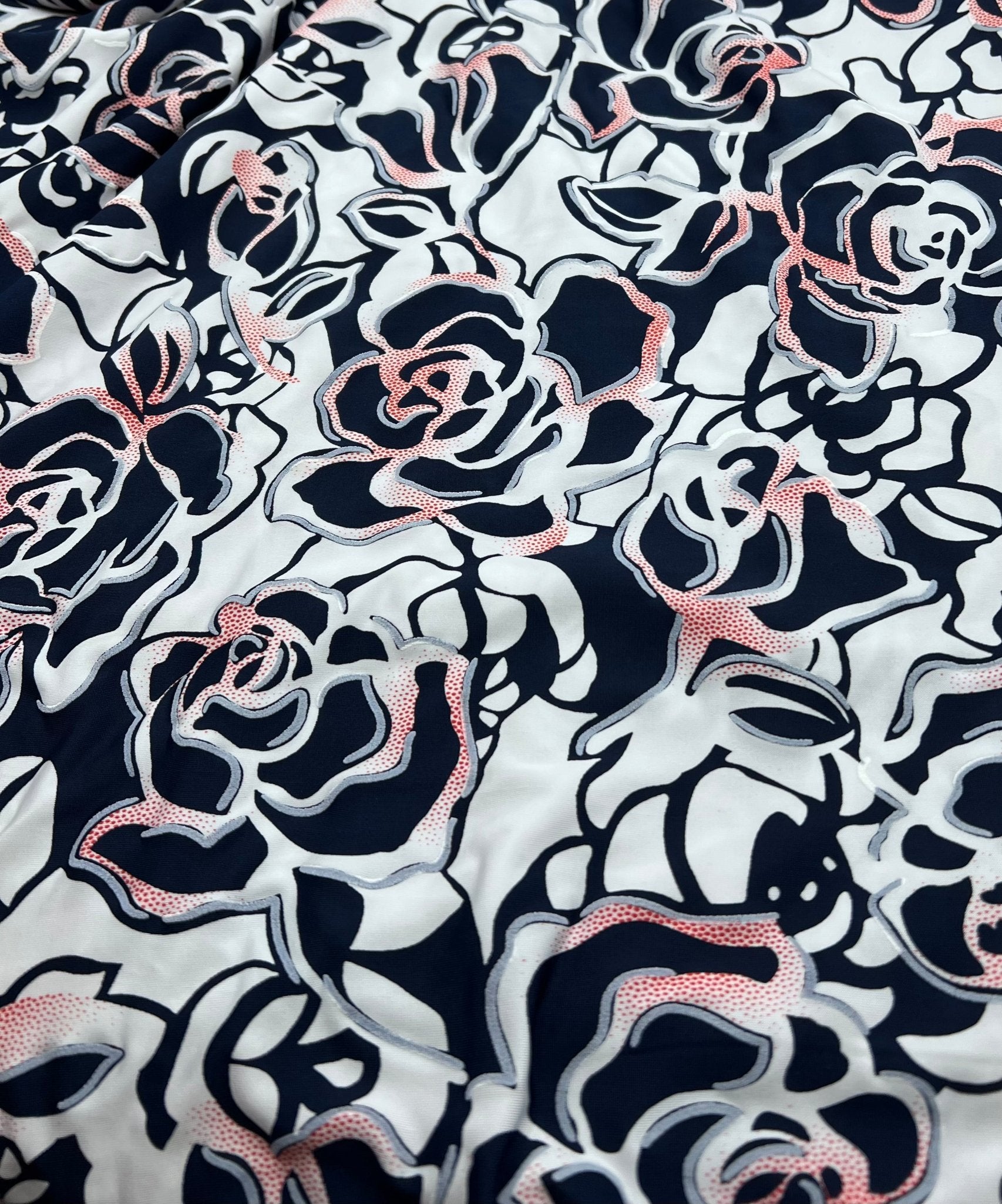 Navy Red Rose On White Print Soft Touch 4 Way Stretch Fabric - T9 Fabrics