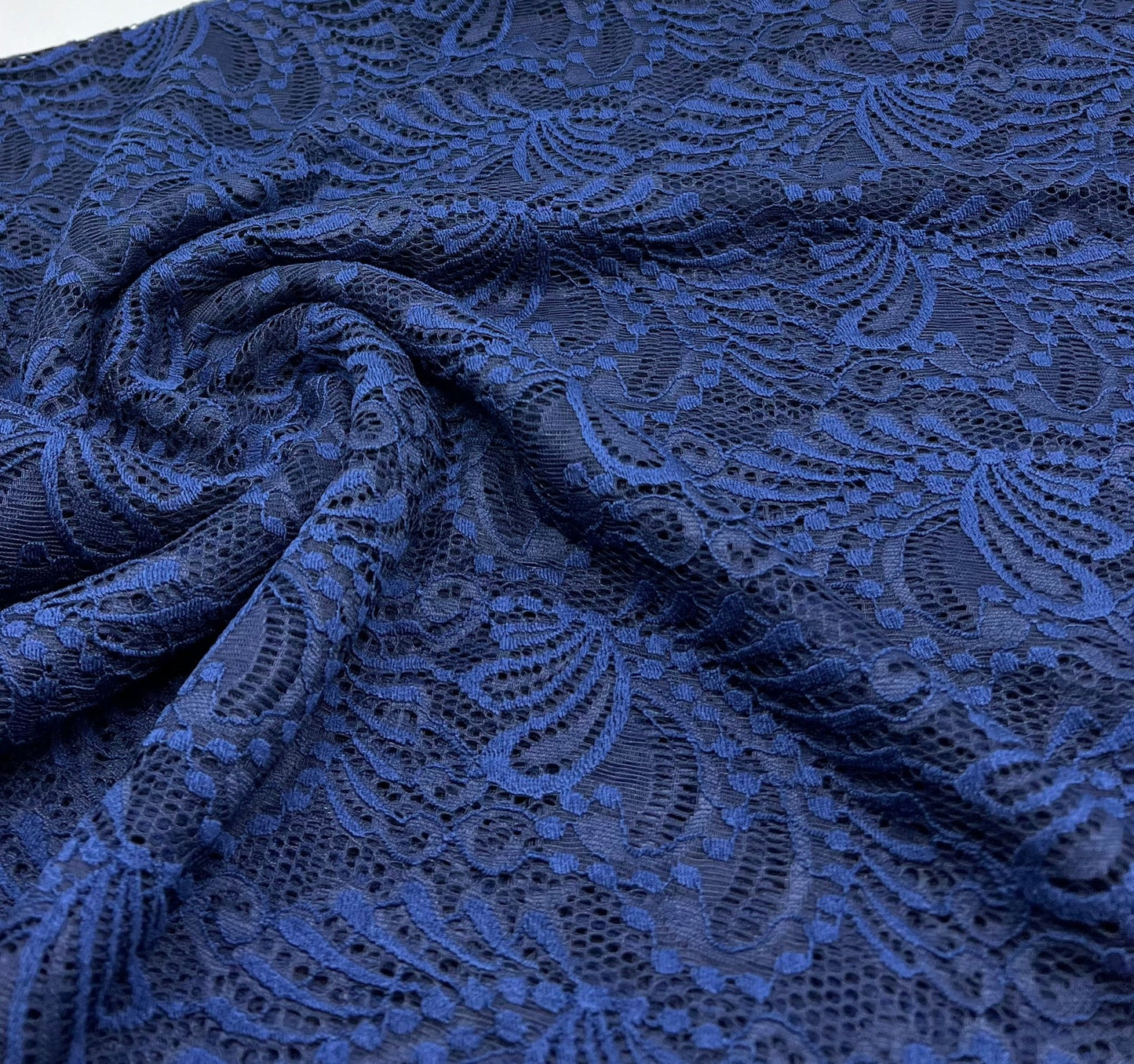 Navy Scalloped Edge Floral Lace Fabric Stretch - T9 Fabrics