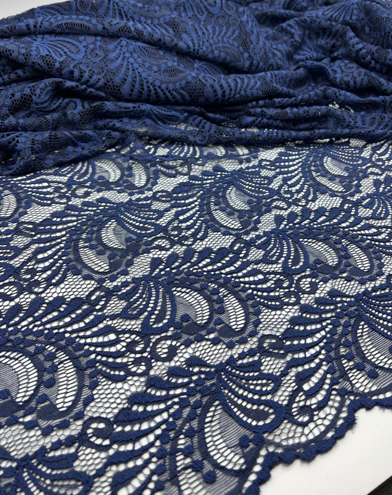 Navy Scalloped Edge Floral Lace Fabric Stretch - T9 Fabrics