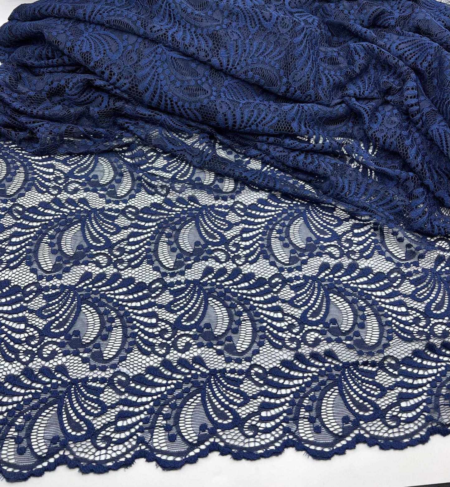 Navy Scalloped Edge Floral Lace Fabric Stretch - T9 Fabrics