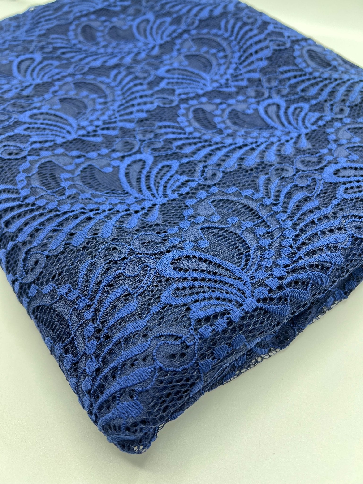 Navy Scalloped Edge Floral Lace Fabric Stretch - T9 Fabrics