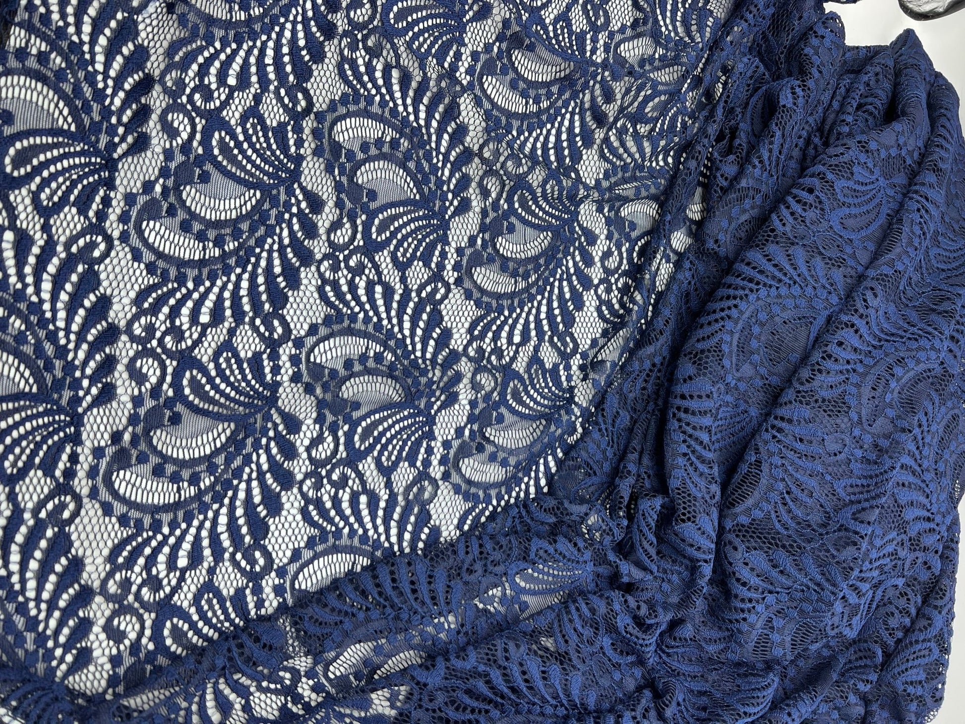 Navy Scalloped Edge Floral Lace Fabric Stretch - T9 Fabrics