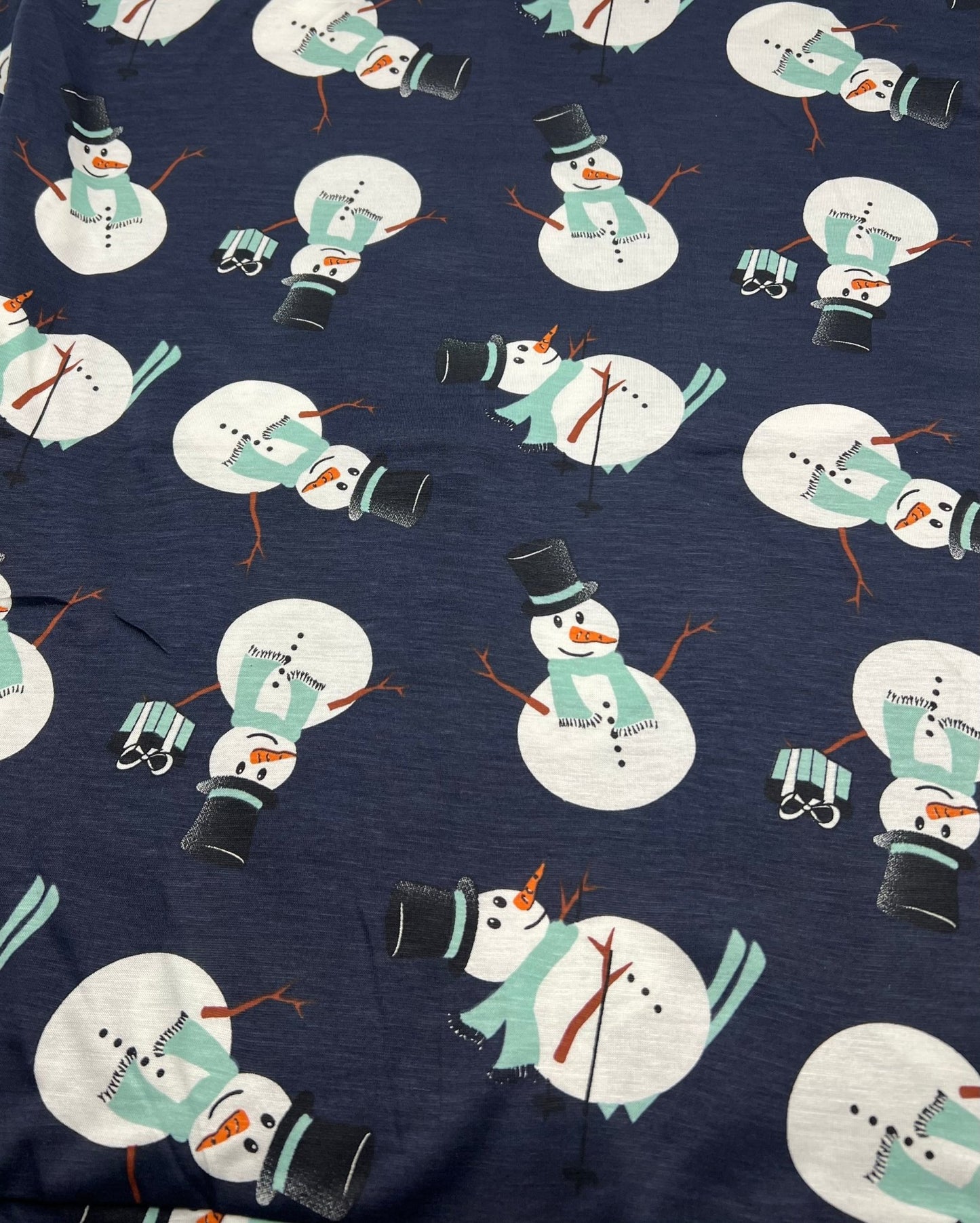 Navy Snowman Print Viscose Elastane 4 Way Stretch Fabric - T9 Fabrics
