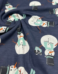 Navy Snowman Print Viscose Elastane 4 Way Stretch Fabric - T9 Fabrics