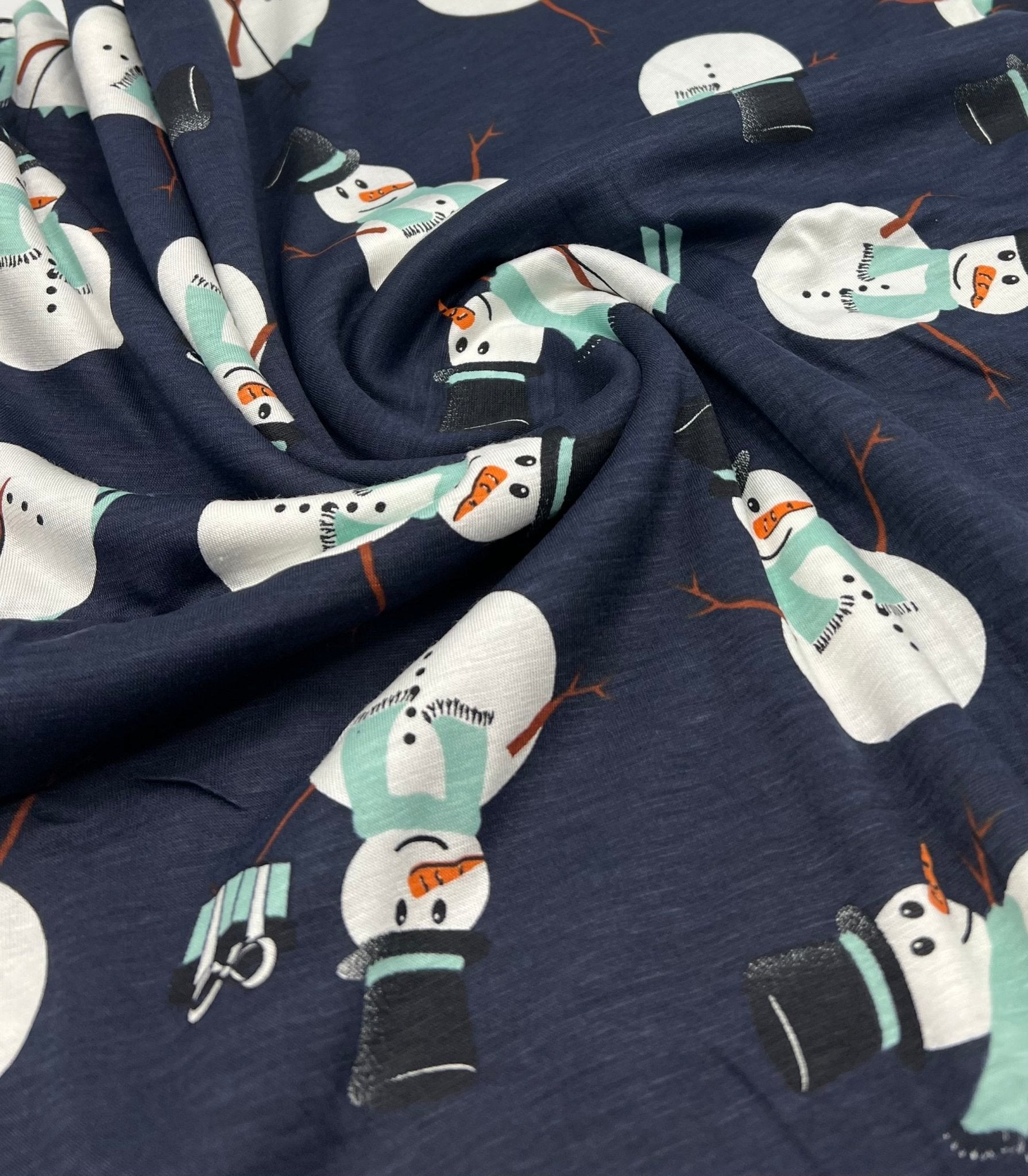 Navy Snowman Print Viscose Elastane 4 Way Stretch Fabric - T9 Fabrics