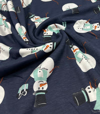 Navy Snowman Print Viscose Elastane 4 Way Stretch Fabric - T9 Fabrics