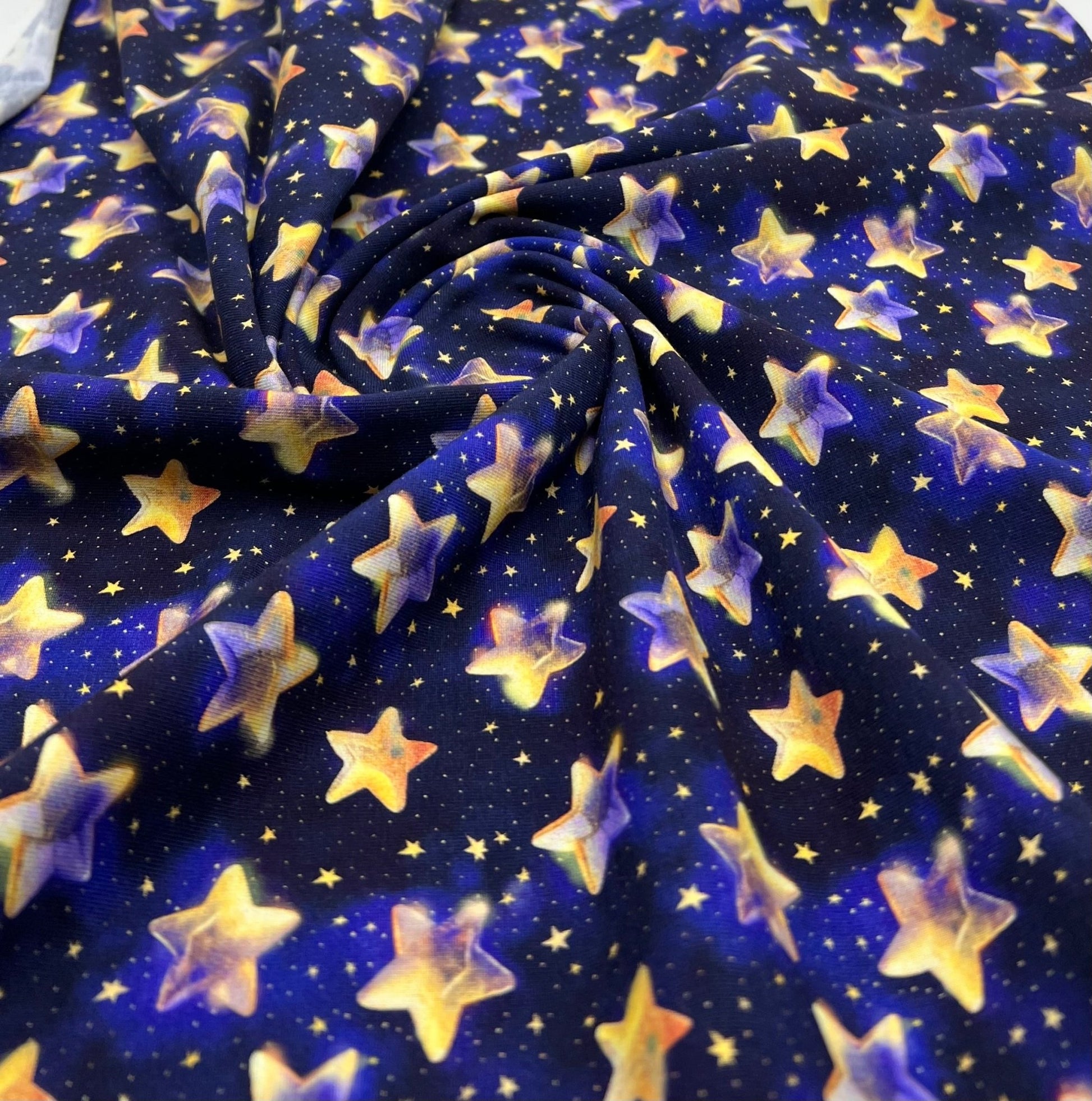 Navy Stars Print Cotton Stretch Jersey 200 GSM 95/5 Lycra 4 Way Stretch - T9 Fabrics
