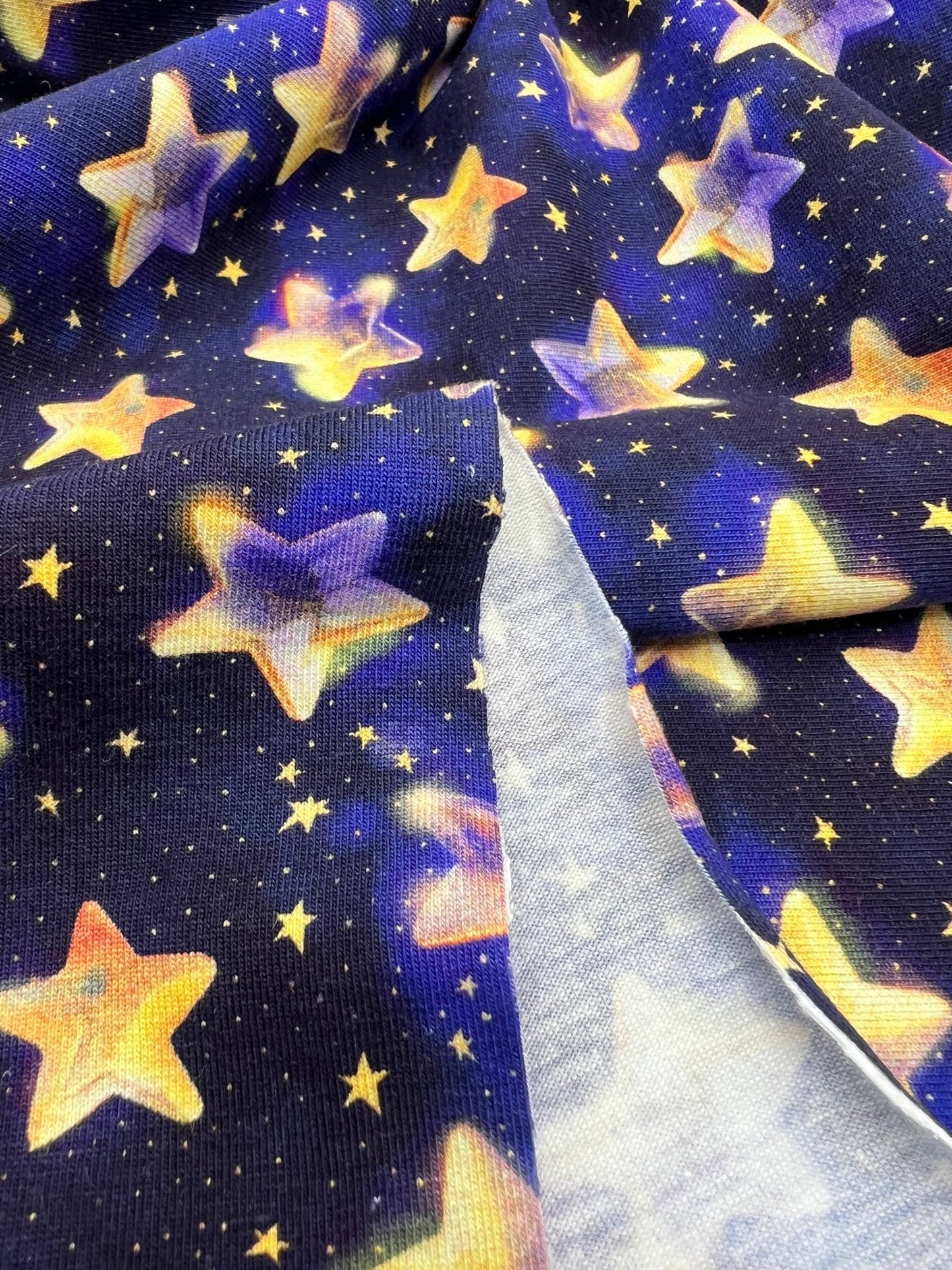 Navy Stars Print Cotton Stretch Jersey 200 GSM 95/5 Lycra 4 Way Stretch - T9 Fabrics