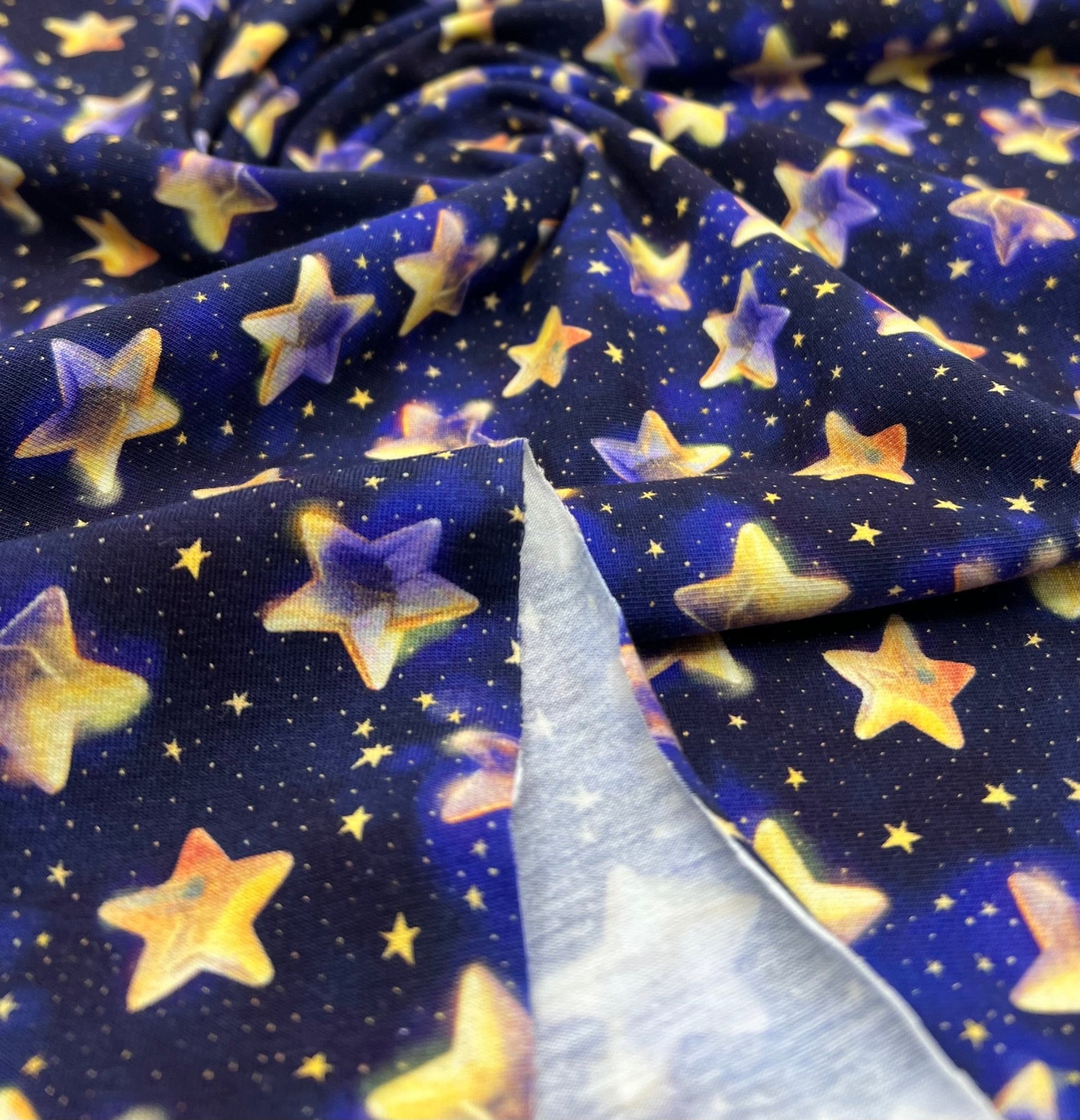 Navy Stars Print Cotton Stretch Jersey 200 GSM 95/5 Lycra 4 Way Stretch - T9 Fabrics