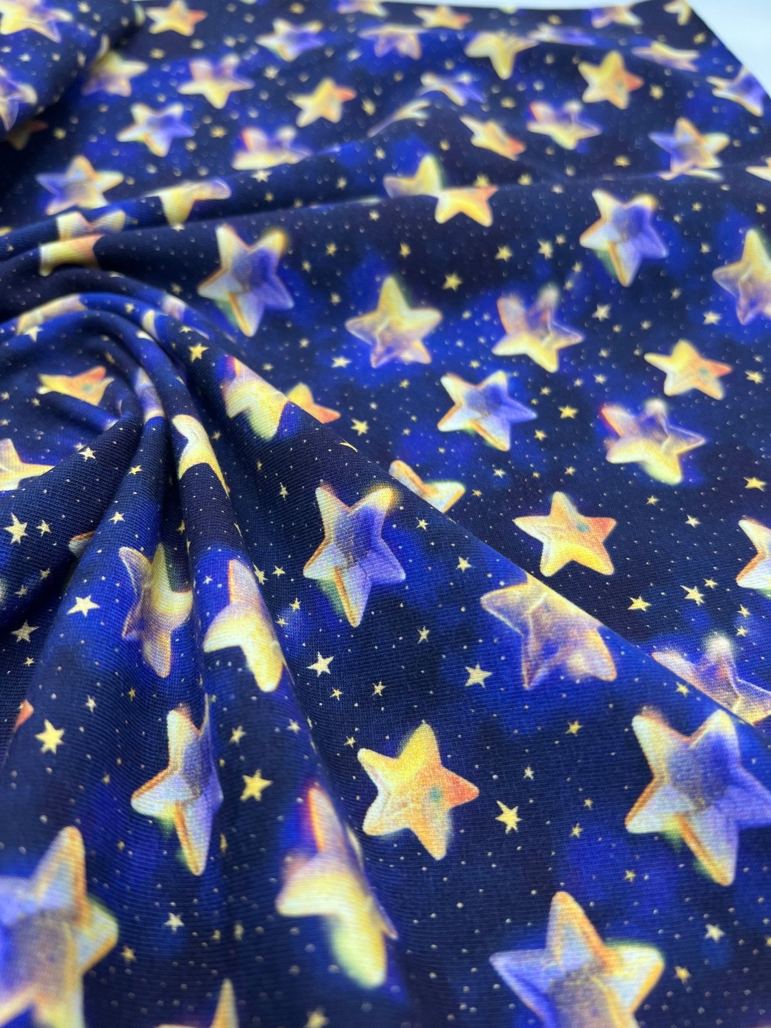 Navy Stars Print Cotton Stretch Jersey 200 GSM 95/5 Lycra 4 Way Stretch - T9 Fabrics