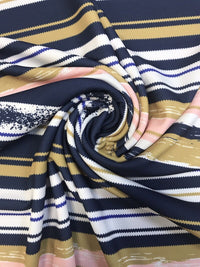 Navy Stripe Printed Scuba Crepe Jersey Fabric 4 Way Stretch - T9 Fabrics