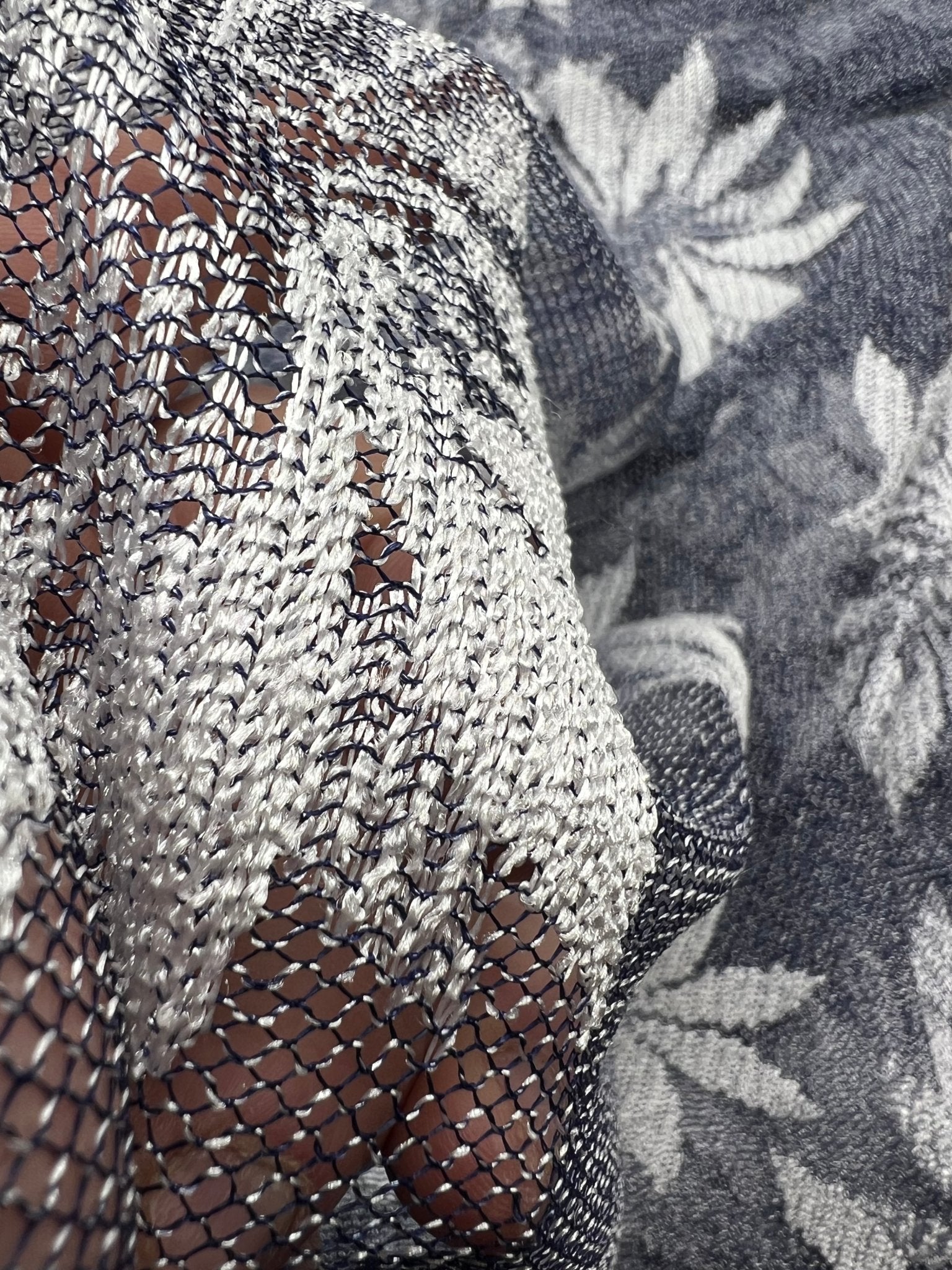 Navy White Floral Mesh Fabric Stretch - T9 Fabrics
