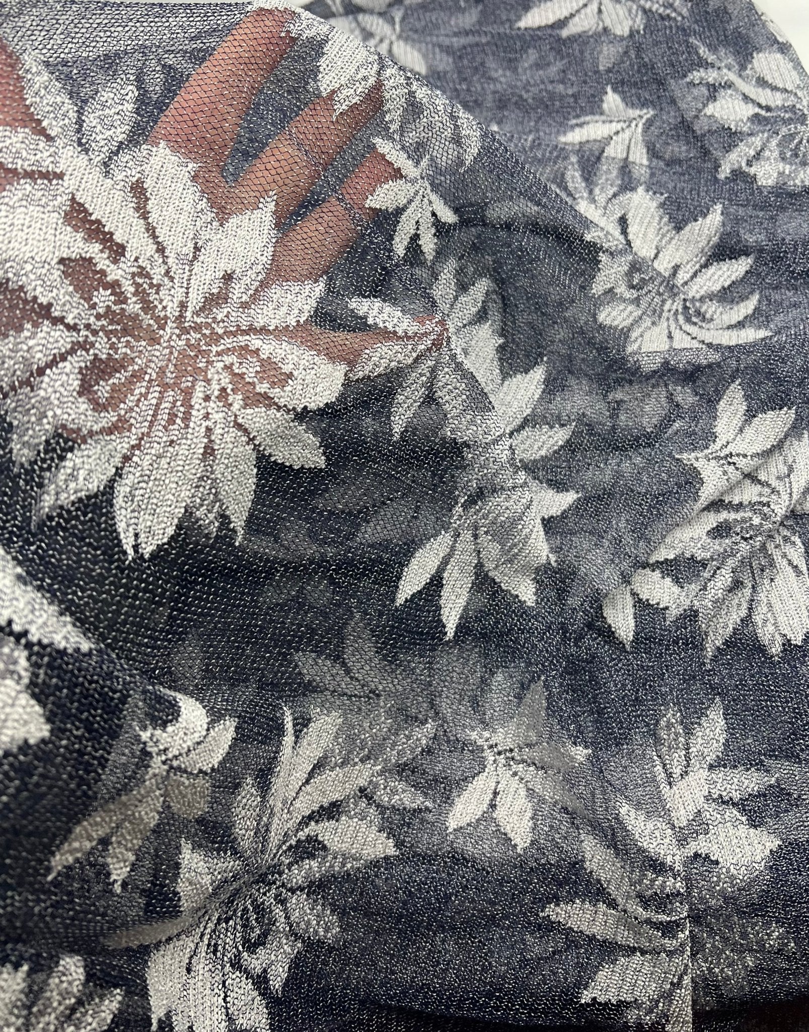Navy White Floral Mesh Fabric Stretch - T9 Fabrics