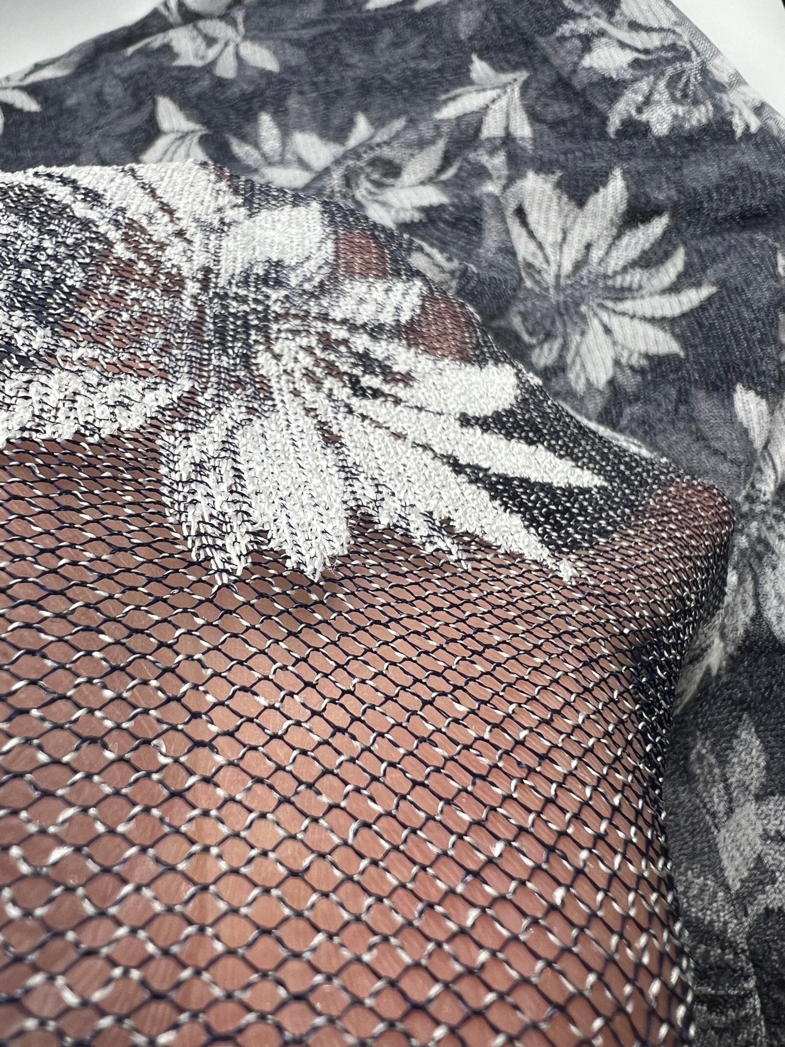 Navy White Floral Mesh Fabric Stretch - T9 Fabrics
