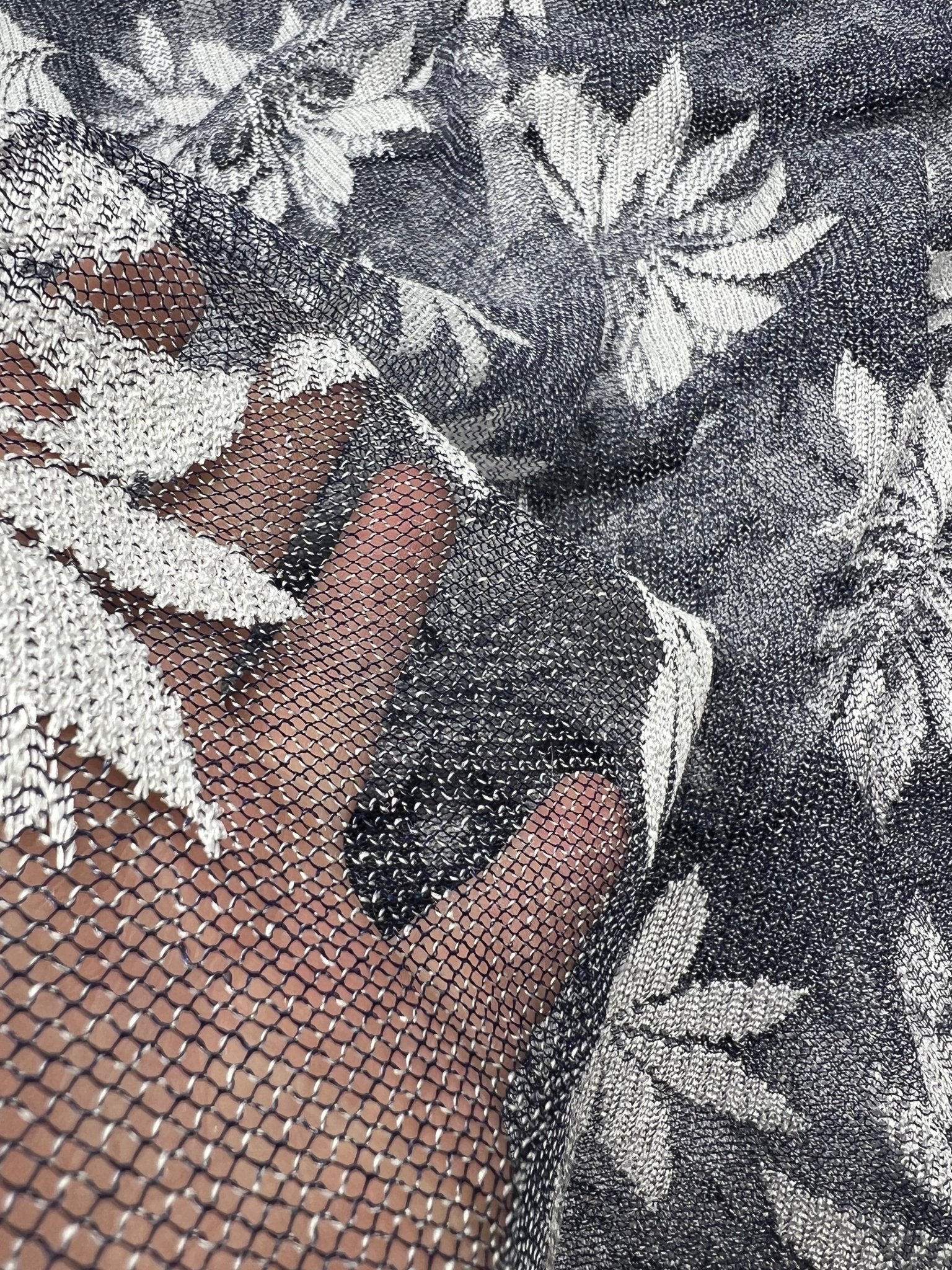 Navy White Floral Mesh Fabric Stretch - T9 Fabrics
