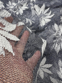 Navy White Floral Mesh Fabric Stretch - T9 Fabrics