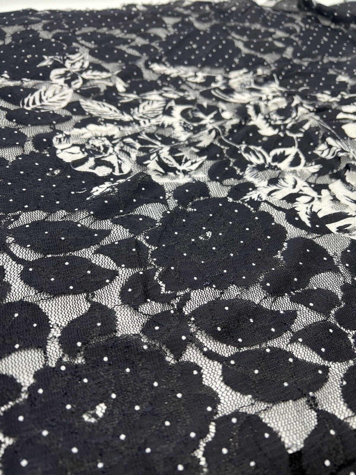 Navy White Flower Floral Lace Fabric Stretch - T9 Fabrics