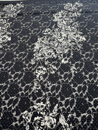 Navy White Flower Floral Lace Fabric Stretch - T9 Fabrics