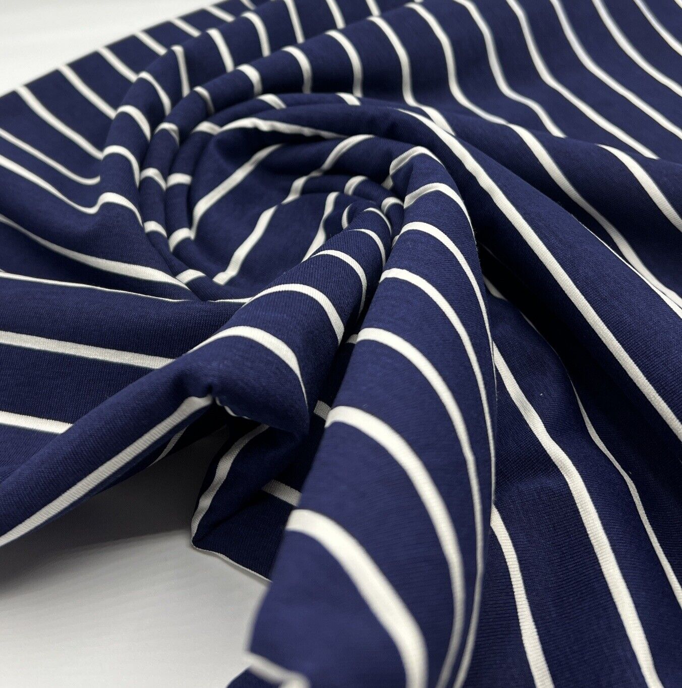 Navy & White Horizontal Stripe Print Viscose Elastane Fabric - T9 Fabrics