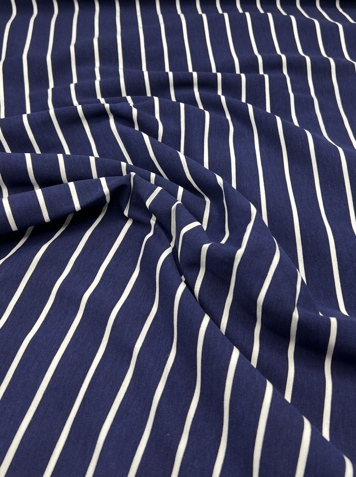 Navy & White Horizontal Stripe Print Viscose Elastane Fabric - T9 Fabrics