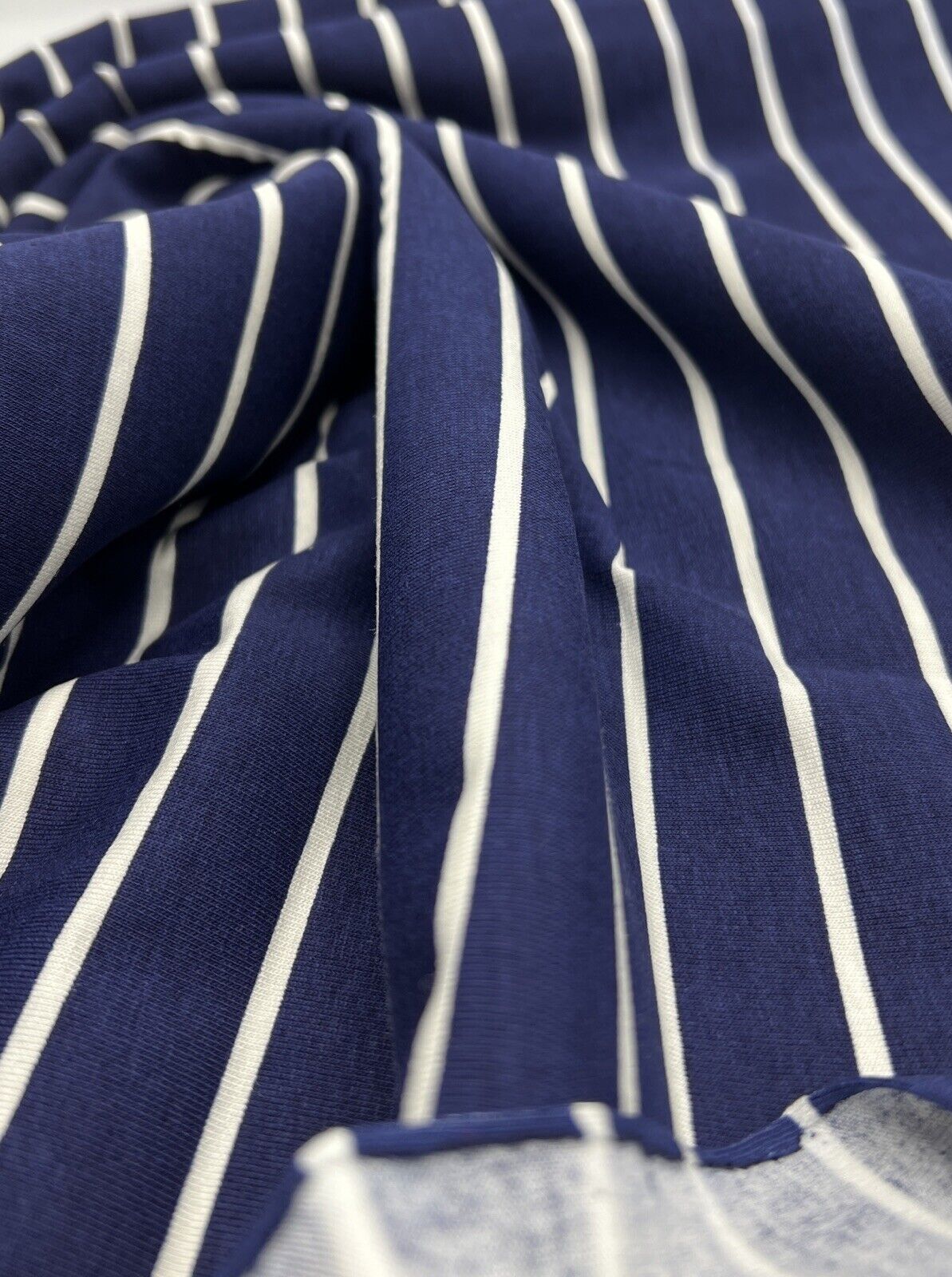 Navy & White Horizontal Stripe Print Viscose Elastane Fabric - T9 Fabrics