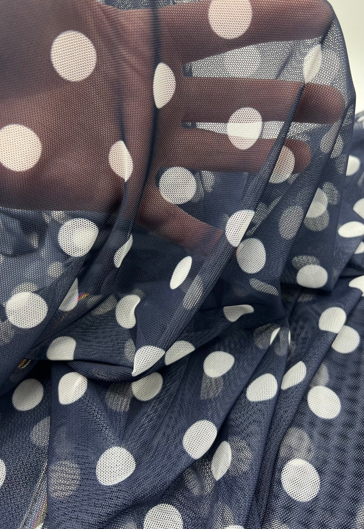 Navy White Polka Print Mesh Fabric Stretch - T9 Fabrics