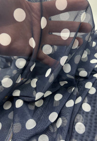 Navy White Polka Print Mesh Fabric Stretch - T9 Fabrics