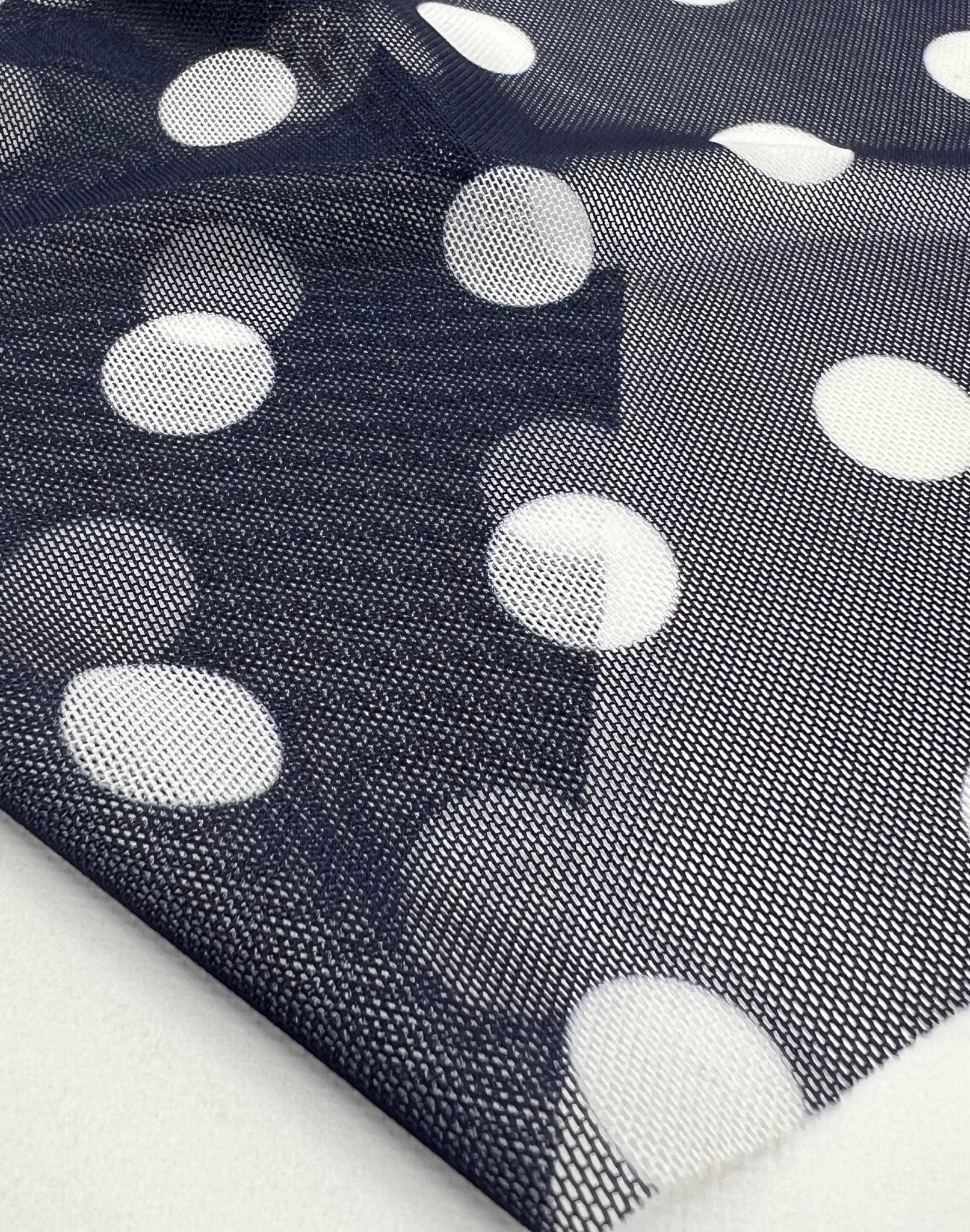 Navy White Polka Print Mesh Fabric Stretch - T9 Fabrics