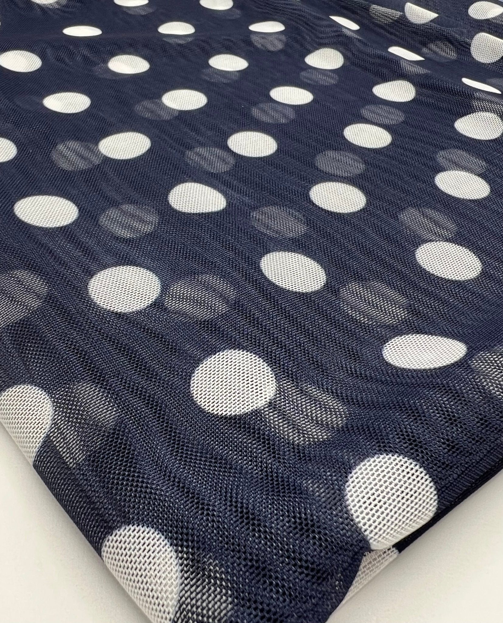 Navy White Polka Print Mesh Fabric Stretch - T9 Fabrics