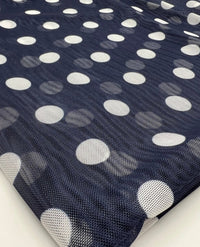 Navy White Polka Print Mesh Fabric Stretch - T9 Fabrics