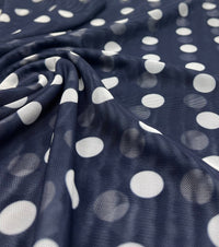 Navy White Polka Print Mesh Fabric Stretch - T9 Fabrics