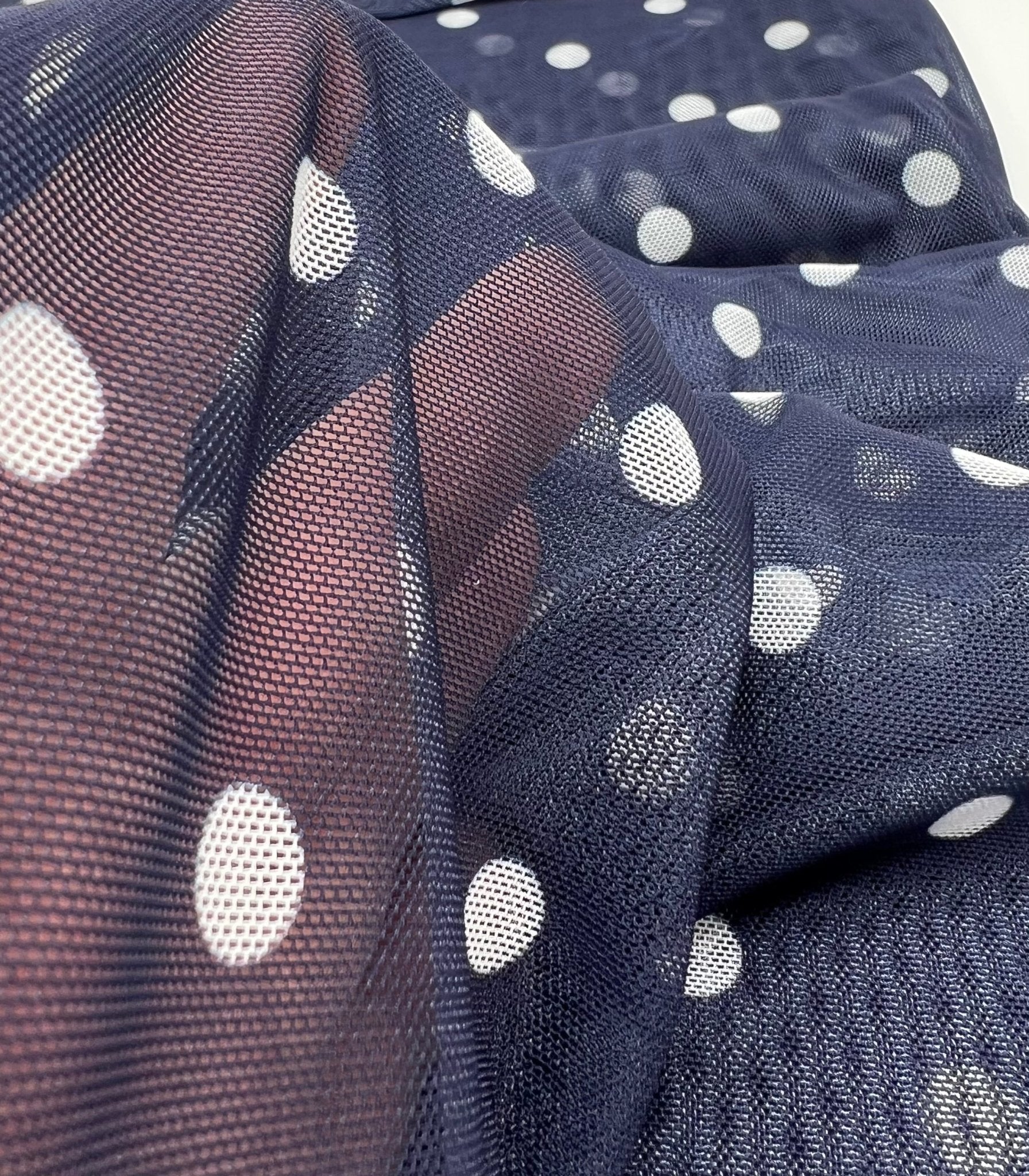 Navy White Polka Spot Mesh Fabric Stretch - T9 Fabrics