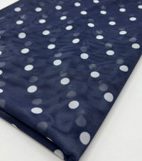 Navy White Polka Spot Mesh Fabric Stretch - T9 Fabrics