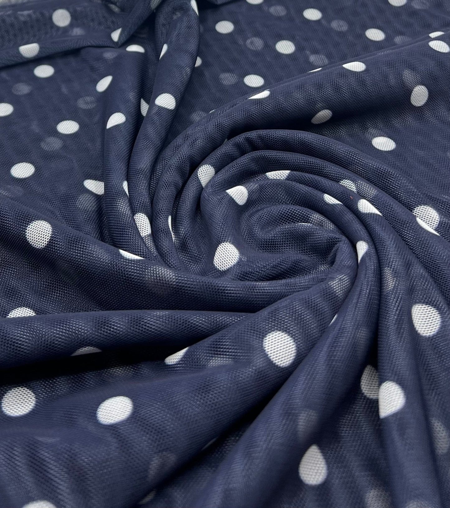 Navy White Polka Spot Mesh Fabric Stretch - T9 Fabrics