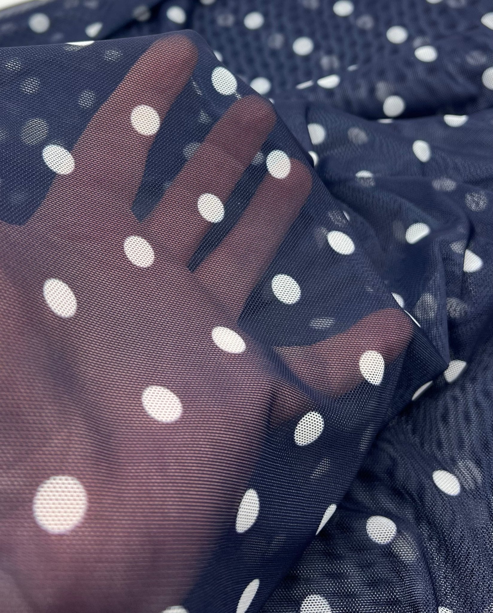 Navy White Polka Spot Mesh Fabric Stretch - T9 Fabrics