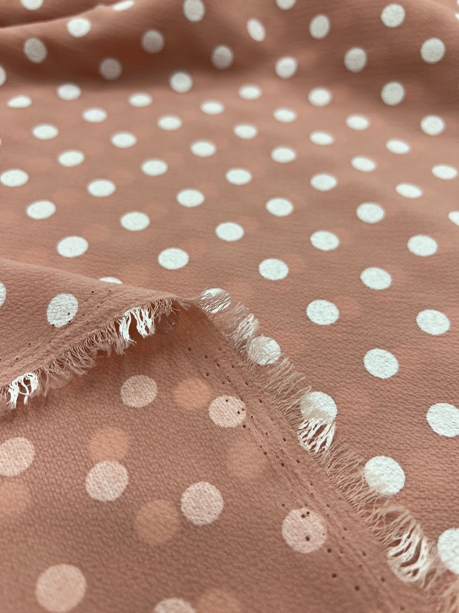 Nude White Polka Dot Print Lightweight Bubble Crepe Fabric - T9 Fabrics