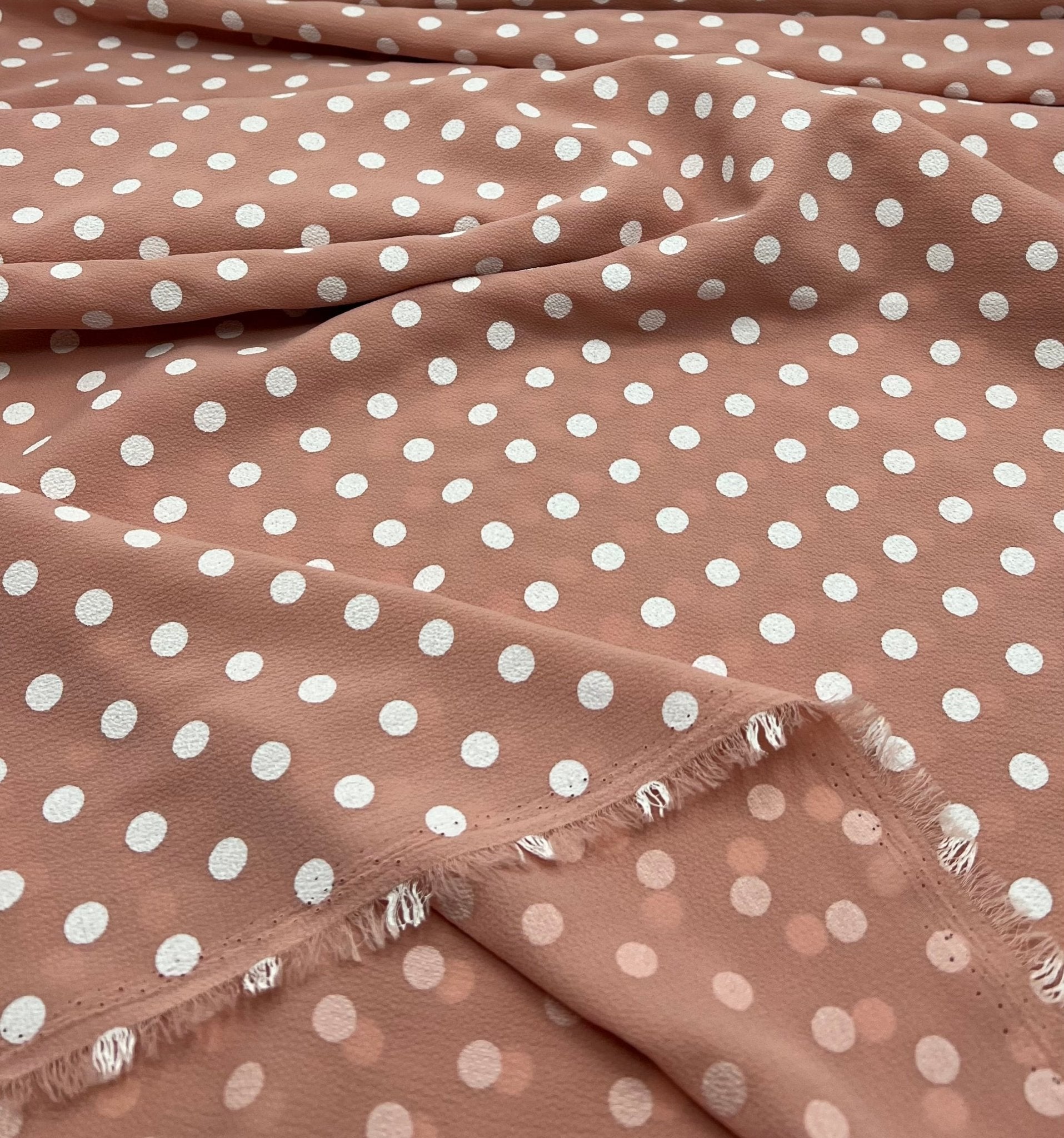 Nude White Polka Dot Print Lightweight Bubble Crepe Fabric - T9 Fabrics